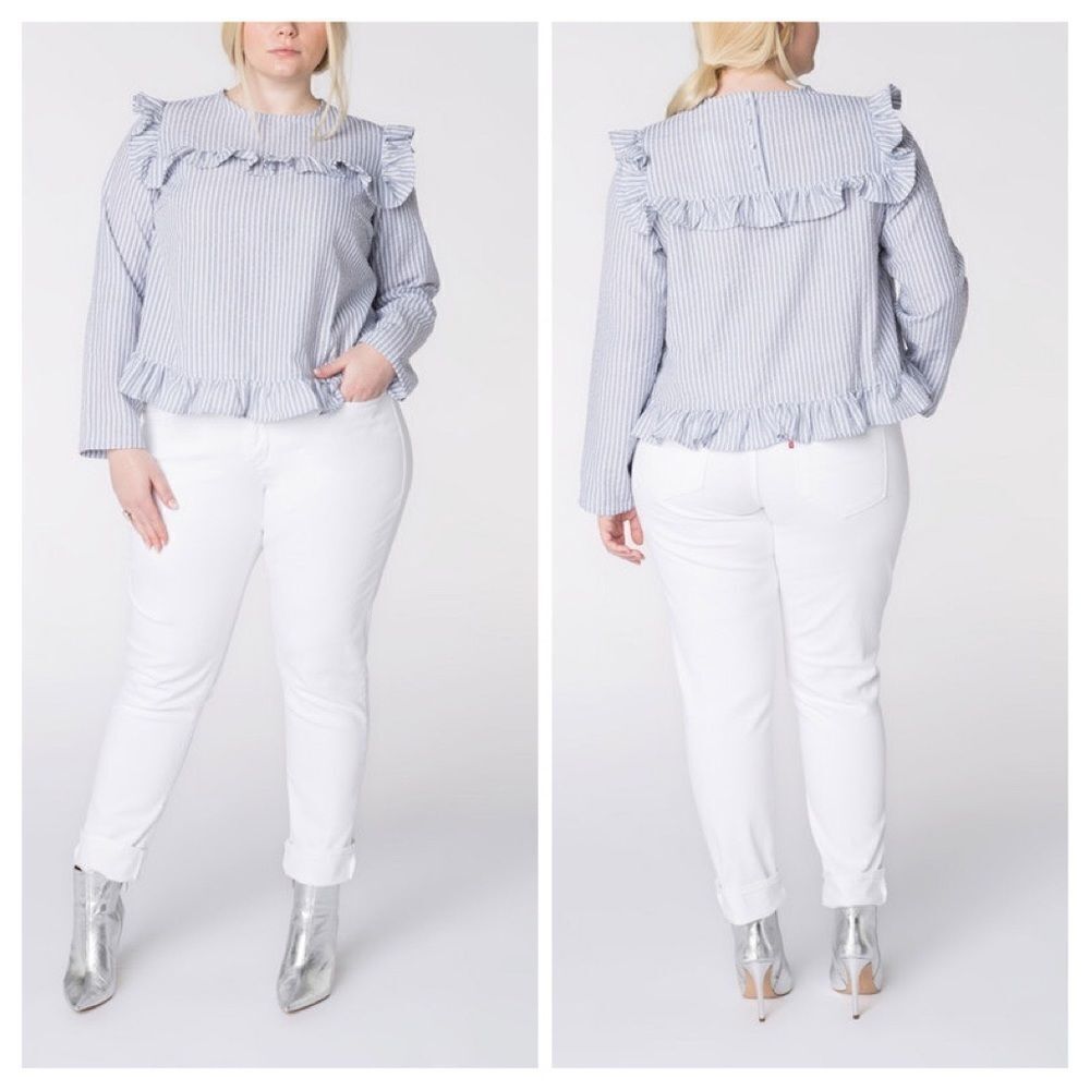 Lost Ink Blue/White Stripe Ruffle Blouse SzXL